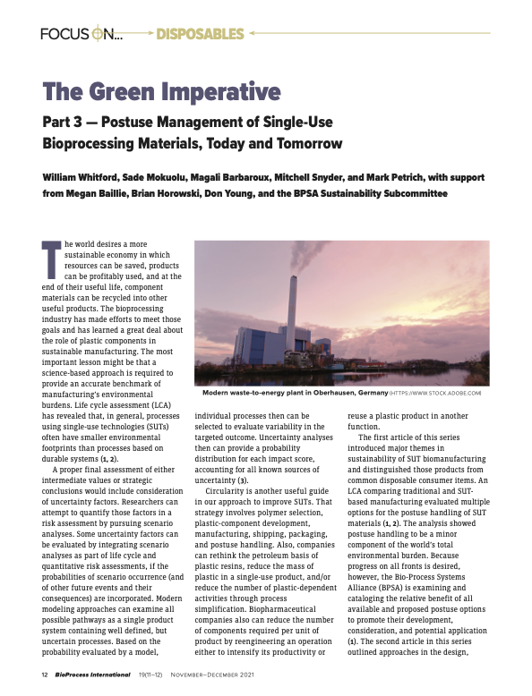 Cover Image for The Green Imperative, Part 3: Postuse Management of Single-Use Bioprocessing Materials, Today and Tomorrow