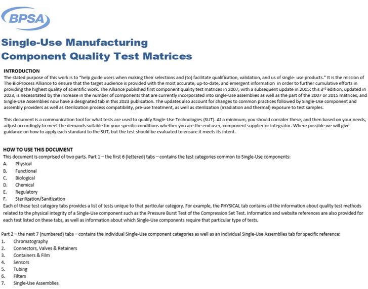 Cover Image for BPSA Single-Use Manufacturing Component Quality Test Matrices Guide, 2023 Edition
